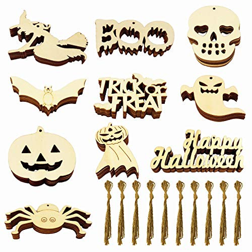 60PCS Halloween Wooden Slices Unfinished Wooden Halloween Ornaments Wooden Gift Tags Halloween Wood Cutouts with 60 Twine Ropes for Hanging Decoration and DIY Crafts Making