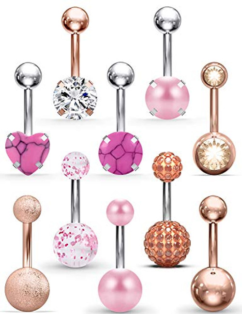 SCERRING Belly Button Rings 14G Stainless Steel Navel Belly Earring CZ Heart Opal Navel Ring Barbell Body Piercing Jewelry 10PCS Rose Gold SCERRING Belly Button Rings 14G Stainless Steel Navel Belly Earring CZ Heart Opal Navel Ring Barbell Body Piercing Jewelry 10PCS Rose Gold