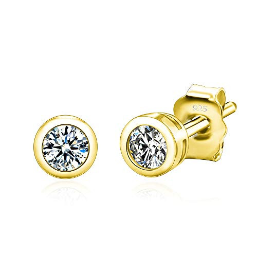 Spoil Cupid 14k Gold Plated Sterling Silver Cubic Zirconia Round Bezel Set Stud Earrings  2mm Stone