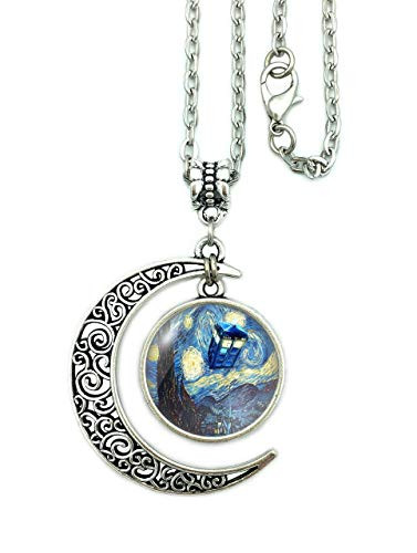 ALNDA Moon Necklace Doctor Who The Tardis Crescent Pendant Vincent Van Gogh Starry Night Charms Gift for Women Moon Silver