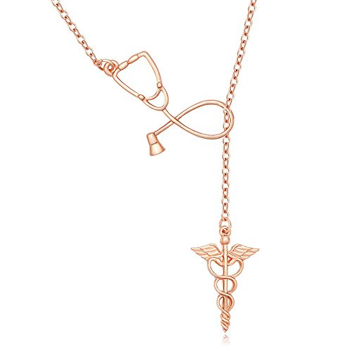 MANZHEN Medicine Stethoscope Caduceus Lariat Necklace for Doctor Nurse Rose Gold MANZHEN Medicine Stethoscope Caduceus Lariat Necklace for Doctor Nurse Rose Gold