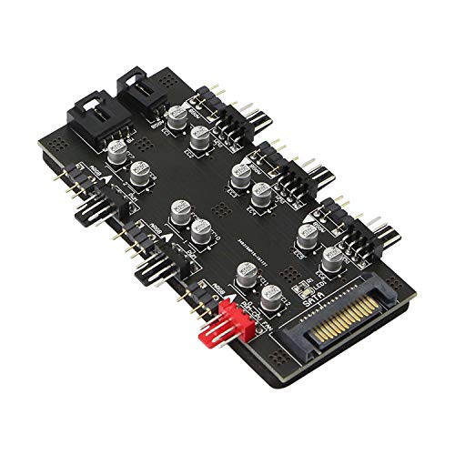 12V 4Pin PWM   5V 3Pin ARGB with SATA 15Pin Power 2-in-1 Hub 6 Way Sync CPU Cooling Fan Addressable RGB Lighting PCB Splitter for Extended Motherboard Interface -Black