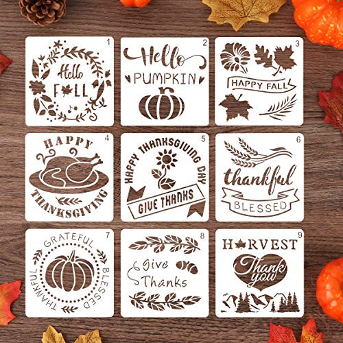 Mocoosy 9 PCS Fall Thanksgiving Stencils for Painting on Wood Large Reusable Pumpkin Stencils Autumn Theme Sunflower Maple Leaf Plastic Painting Stencils for Farmhouse Thanksgiving Fall Decorations
