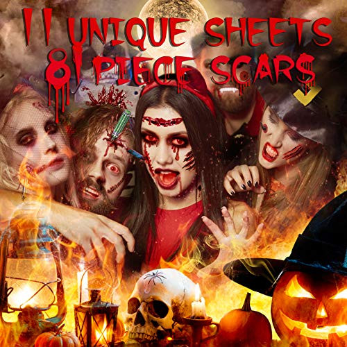 Zombie Makeup Tattoos  Halloween Makeup Fake Blood  Scar Tattoo  Halloween Tattoos Stickers  Vampire Makeup for Halloween Party Zombies Cosplay  11 Unique Sheets  81 Pics Fake Scars Cuts