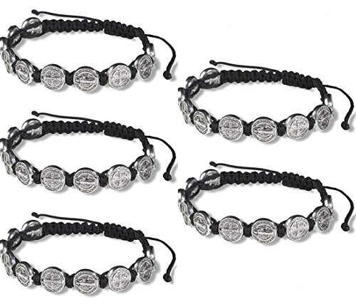 CB Silver Tone Saint Benedict Medal on Adjustable Black Cord Wrist Bracelet  8 Inch  Pack of 5