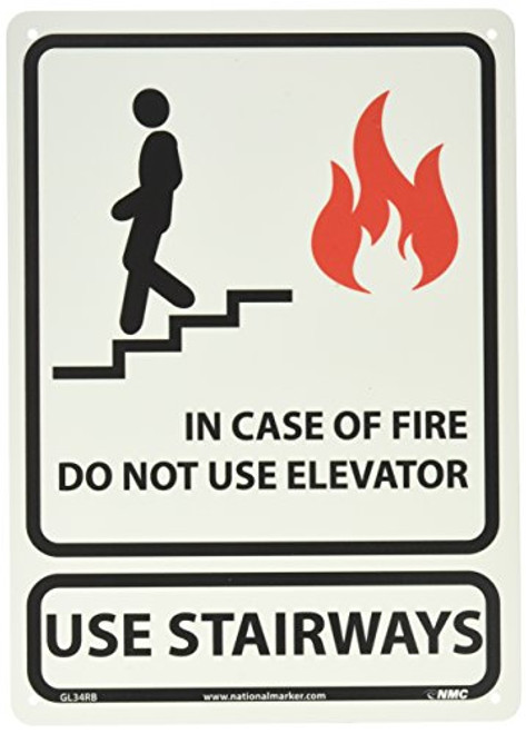 NMC GL34RB Fire Sign Legend In case of fire do not use elevators Use stairways 10 Length x 14 Height Glow Rigid Red-Black on Yellow NMC GL34RB Fire Sign Legend In case of fire do not use elevators Use stairways 10 Length x 14 Height Glow Rigid Red-Black on Yellow