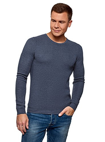 oodji Ultra Men s Textured Crew Neck Pullover  Blue  US 46 - EU 56 - XL
