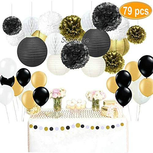 Sopeace 79 Pcs Black Gold Party Decoration Party Decor Tissue Paper Pom Pom Tassel Garland Polka Dot Tissue Poms Paper Garland and Latex Balloons for Wedding Baby Shower Decoration Bridal Shower