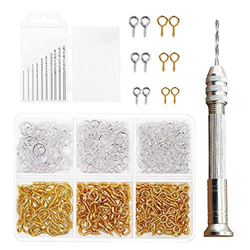 Hand Drill for Jewelry Making Resin Tools Kit with 1pcs Pin Vise Hand Drill 10pcs Drill Bits and 400pcs Screw Eye Pins for Resin Plastic Wood Polymer Clay DIY Jewelry Keychain Pendant Making