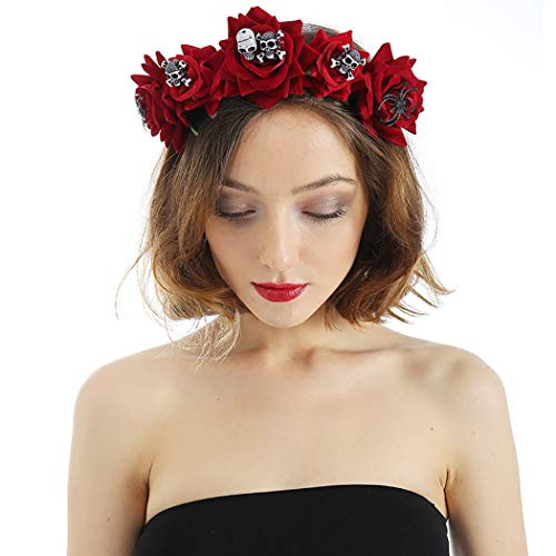 Woeoe Halloween Skull Headband Day of the Dead Flower Crown Red Rose Floral Spider Headpiece Accessory for Women and Girls
