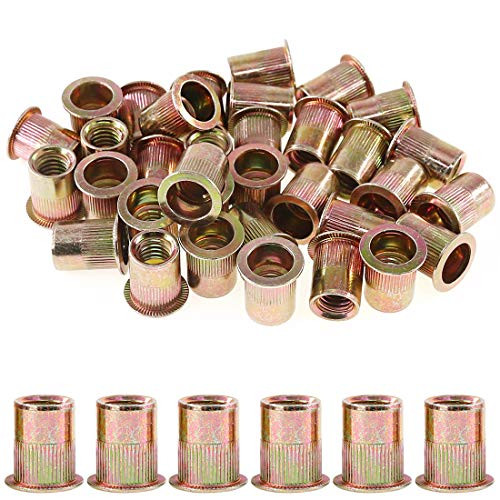 Rustark 50-Pcs 3-8  -16UNC Mixed Zinc Plated Carbon Steel Rivet Nut Flat Head Threaded Insert Nutsert Assortment Kit