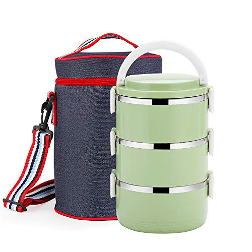 Maiyuansu Stainless Steel Lunch Box, Lock Container and Heat/Cold Insulated Bag, Leak Proof Stackable Bento Lunch Box for Adults Kids Students Food Storage Boxes (3-Tier, Green)