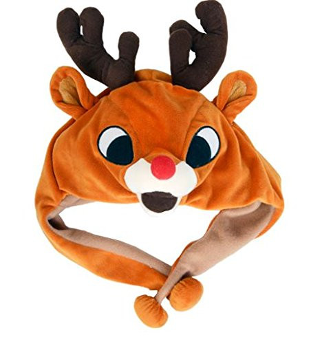Plush Rudolph the Reindeer Hat with Pom Poms