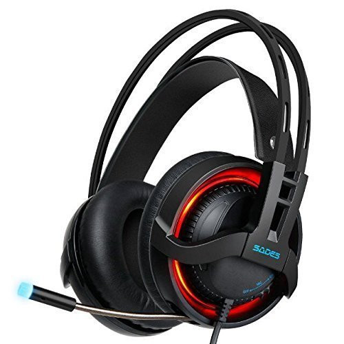 SADES R2 Virtual 7.1 Channel Surround Sound headphones with Retractable Mic USB PC Gaming Headset Stereo Professional headsets Noise-Canceling Volume Control LED Light(Black)
