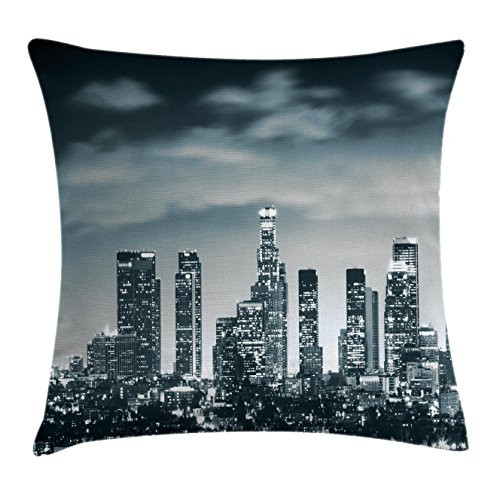 Ambesonne Night Throw Pillow Cushion Cover  Urban Themed Los Angeles United States Skyline at Night Skyscrapers Digital Artwork  Decorative Square Accent Pillow Case  24  X 24   Green