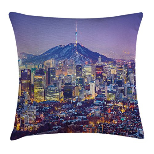 Ambesonne Modern Throw Pillow Cushion Cover  Skyline of Seou South Korea Cityscape with Buildings Skyscrapers Urban View at Night  Decorative Square Accent Pillow Case  24  X 24   Indigo