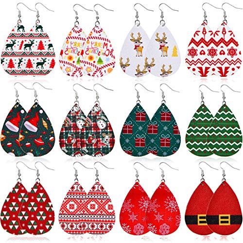 12 Pairs Women Christmas Faux Leather Earrings Teardrop Dangle Drop Earrings Christmas B