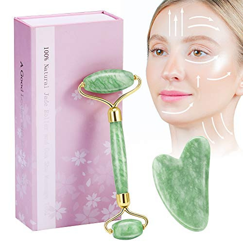 Jade Roller and Gua Sha Scraping  Face Roller Set  Aioure 3-in-1 Facial?Roller Massage Tool  Anti-aging  Rejuvenate Face   Neck  Remove Wrinkles   Puffiness  100  Original Natural Jade Stone