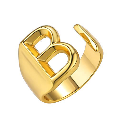 GoldChic Jewelry Personalized Letter Ring Gold for Women 18K Gold Plated Adjustable Open Ring from A-Z Womens Signet Ring with Gift Box