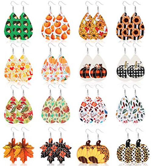 Florideco 16 Pairs Faux Leather Earrings for Women Autumn Teardrop Dangle Earrings Set Pumpkin Sunflower Maple Leaf Acorn Thanksgiving Jewelry Florideco 16 Pairs Faux Leather Earrings for Women Autumn Teardrop Dangle Earrings Set Pumpkin Sunflower Maple Leaf Acorn Thanksgiving Jewelry