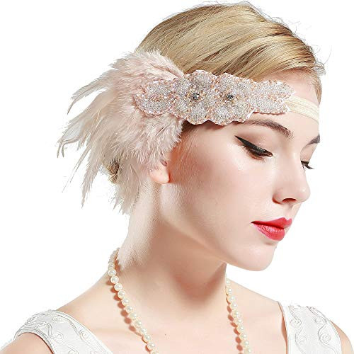 BABEYOND 1920s Flapper Headband 20s Great Gatsby Headpiece Bridal Feather Headband 1920s Flapper Gatsby Accessories with Crystal Pink