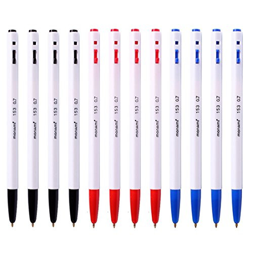 Monami 153 Ballpoint Pen 0-7mm Dozen Box Black  Blue  Red Ink Assorted Color 12 Pens