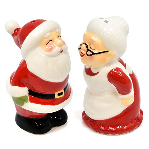 Gift Boutique Christmas Salt and Pepper Ceramic Shaker Set  Kiss Santa Claus and Mrs Claus Figurine Home and Kitchen Table Holiday Decor