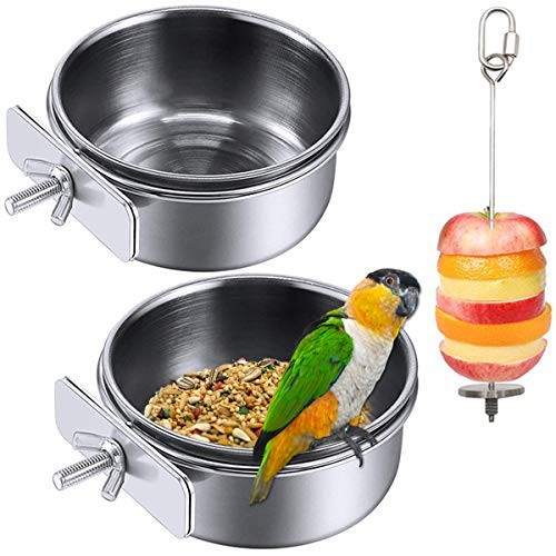 Mechpia 2 Pack Bird Feeder Bowl  Stainless Steel - Parrot Food Bowl Feeding Coop Cups Clamp Water Cage Dish with Fruit Skewer Holder for Parakeet Lovebird Conure Cockatiel Budgie Chinchilla