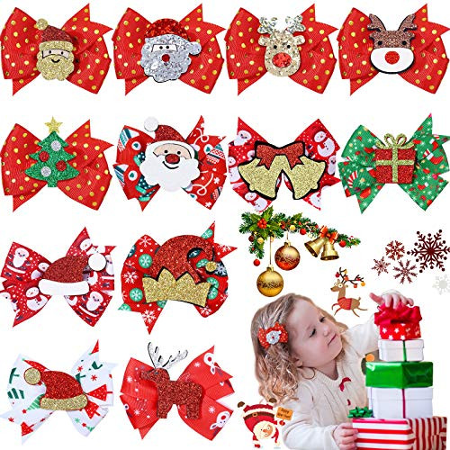 12 Pieces Christmas Hair Bows Christmas Sequins Alligator Hair Clips Ribbon Bows Hair Barrettes Xmas Cute Hair Bows Santa Hair Clips for Babies Children Girls Women