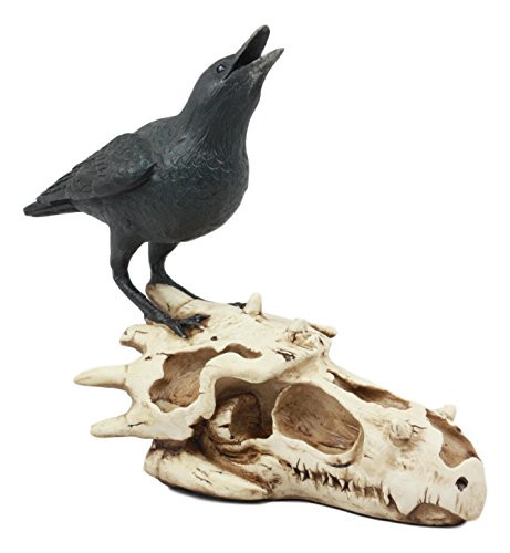 Ebros Scavenger Bird Raven Crow Perching On Dragon Skull Statue Gothic Fossil Figurine Home Decor Skeleton Sculpture