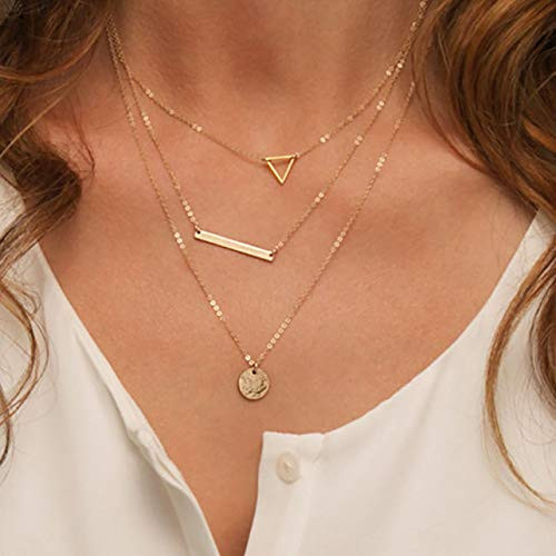 Hzacye Dainty Layered Choker Necklace Bar Disc Necklaces Triangle Pendant Necklace 14K Gold Plated Layered Necklaces for Women Hzacye Dainty Layered Choker Necklace Bar Disc Necklaces Triangle Pendant Necklace 14K Gold Plated Layered Necklaces for Women