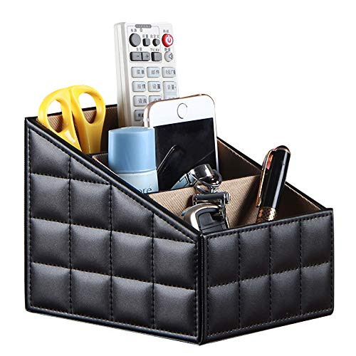 Laikesj Leather Remote Control Holder with 3 Grid Desktop Storage Office Controller  for Media  Mail  Calculator  Mobile Phone and Pen Storage Remote Control and Caddy Holder Black grid