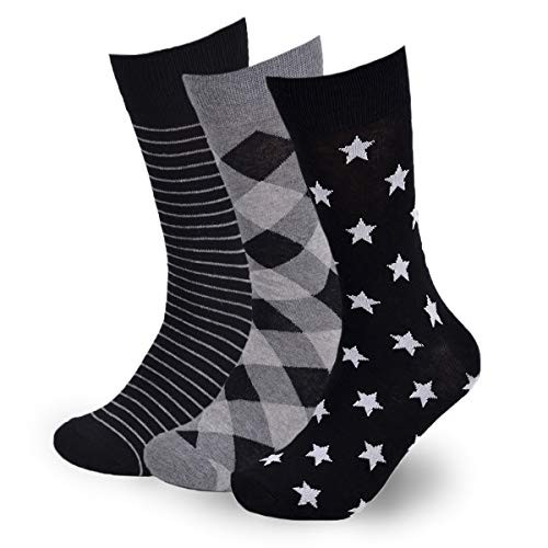 BG Premium Dress Socks for Men- Classic and Formal Apparel Patterned Socks  3 Pair Set with a Gift Box - Black Stripes   Stars