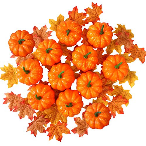 Lulu Home Artificial Pumpkins for Decoration  12PCS Mini Fake Pumpkins with 30PCS Lifelike Maple Leaves  Artificial Vegetables for April Fools Day Decorations Halloween