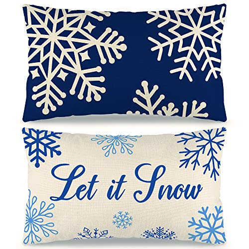 ZJHAI Christmas Blue Pillow Covers 12×20 Inch Set of 2 Farmhouse Pillow Covers Holiday Rustic Linen Pillow Case for Sofa Couch Christmas Blue Decorations Throw Pillow Covers