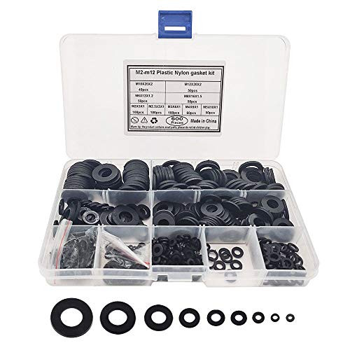 Black Washers 600pcs Nylon Flat Washer Assortment Set 9 Sizes M2 M2-5 M3 M4 M5 M6 M8 M10 M12 Metric Sealing Washers for Screw Bolt