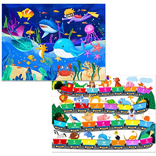 24 Pieces Double-Sided Floor Jigsaw Puzzle 2 Themes Ocean Sea Life World and Alphabet Train for Preschool Early Learning 18 X 24
