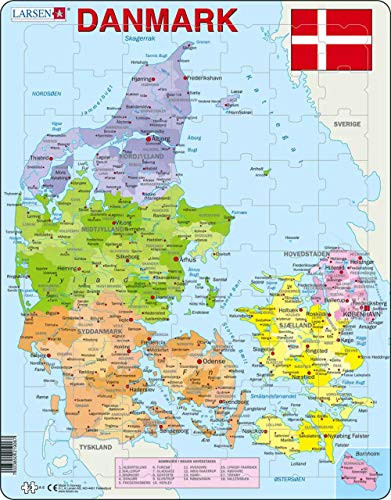 Larsen Puzzles Denmark Map Children s Educational Jigsaw Puzzle - 70 Piece Tray   Frame Style Puzzle - Exclusive Premium Hand Made Puzzles - Imported from Norway
