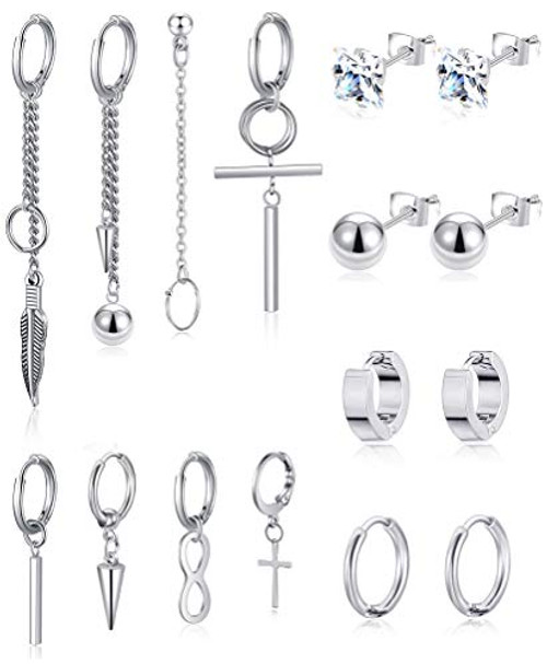 Ofeiyaa 16 Pcs Stainless Steel Hoop Cross Dangle Hinged Earrings Long Chain Feather Pendant Earrings Piercing Huggie CZ Stud Earrings Set for Men Women Silver Tone
