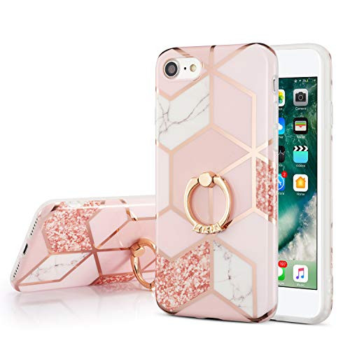 DEFBSC iPhone 7-8-SE 2020 Marble Case with Ring Kickstand  Marble Design 360 Degree Rotating Ring Kickstand Soft TPU Shockproof Case Cover for iPhone 7-8-SE 2020 - Pink