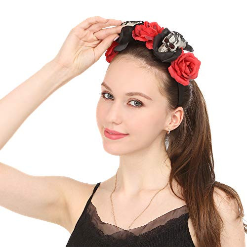 Folora Rose Flower Headband with Skull  Day of The Dead Mexican Floral Crown Headband  Halloween Party Costume Hair Accessory for Women Girls
