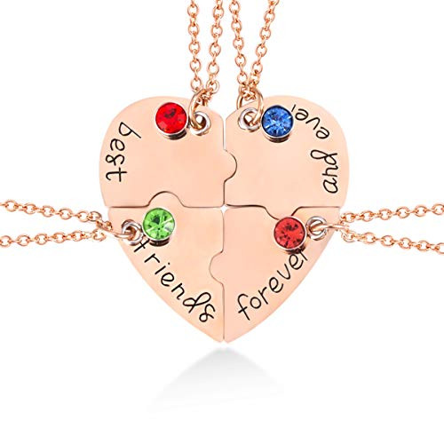 Best Friend Forever and Ever Rhinestone BFF Necklace Heart Shape Pendant Friendship Puzzle Stitching Necklace Rose gold-4pc