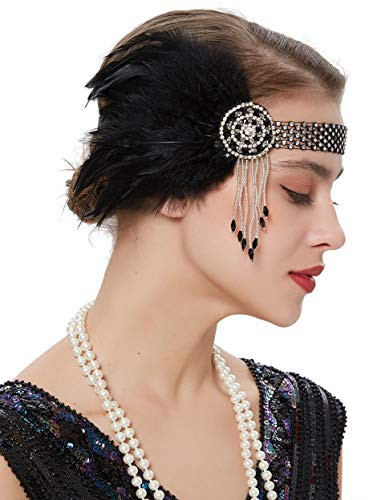 BABEYOND 1920s Flapper Headband Roaring 20s Great Gatsby Headpiece Black Feather Art Deco Headband 1920s Flapper Hair Accessories