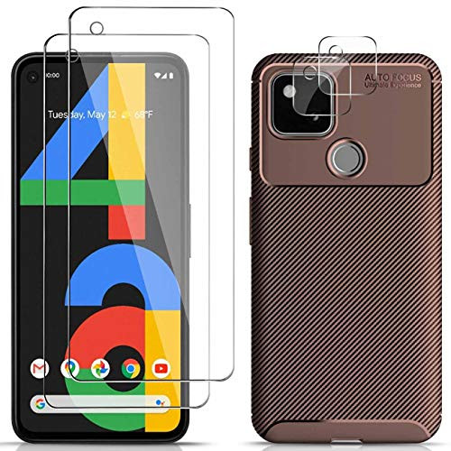 TQLGY for Google Pixel 4a Case with Screen Protector   1 Case2 Screen Protector2 Camera lens protector   Carbon Fiber Pattern  Protective TPU Case with Tempered Glass Screen Protector for Google Pixel 4a 4G Brown