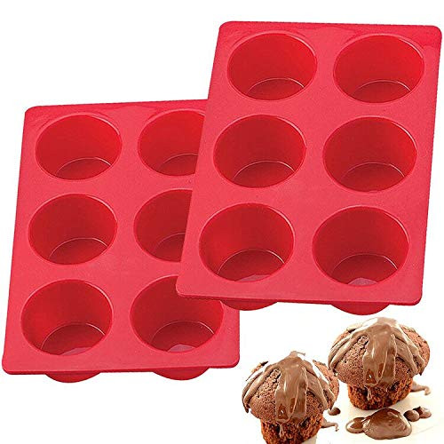 European LFGB Silicone Jumbo Muffin Pan 6 Cup  Non-Stick Large Cupcake Baking Pan  Egg Cupcake Molds  BPA Free Muffin Tin Tray  Set of 2 Red