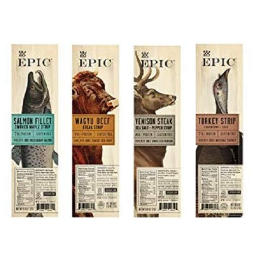 Epic Snack Strips  Paleo Jerky  Wagyu Beef  Turkey Cranberry  Venison Salt and Pepper Steak  Smoked Salmon Maple 4 Pack Sampler