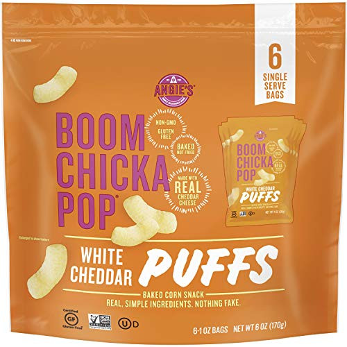Angie s BOOMCHICKAPOP White Cheddar Puffs Baked Corn Snacks  1 Ounce Snack Pack Bag  6-Count