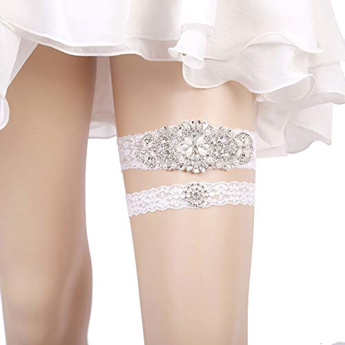 OURIZE Wedding Garters for Bride Lace Garter Belt Bridal Garter Set with Rhinestones White