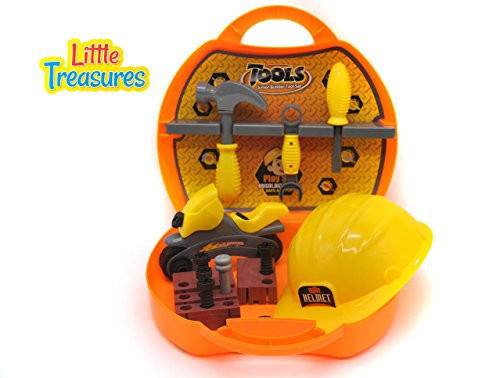Little Treasures Quality Deluxe Tool Box from Complete with Motorcycle, Helmet, Screwdriver with bits, Hammer, Wrench, Nails, Screws, Nuts, and Wooden Piece Play Set for Children Over 36 Months.