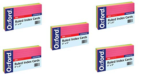 Oxford Neon Index Cards, 3" x 5", Ruled, Assorted Colors, 300 Per Pack, 5 Pack, 1500 Cards Total (81300EE)